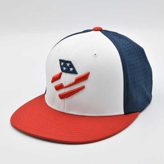 DeMarini Stars & Stripes White/Red/Navy Blue Performance Flexfit