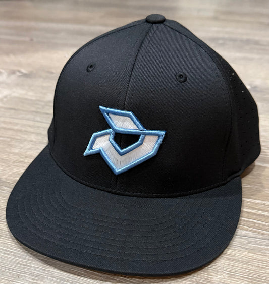 DeMarini Black Performance Flexfit-White/Columbia Blue Logo